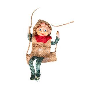 Vintage Burlap & Plastic Elf Decoration With Green Legs Red Scarf Made in Japan